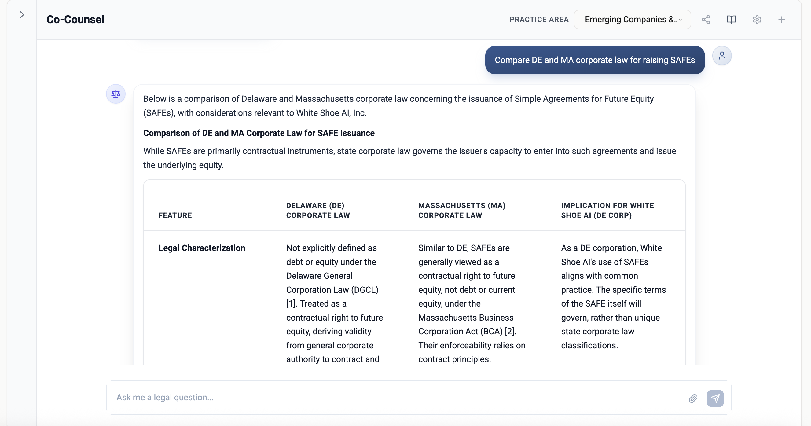 Co-Counsel AI Legal Assistant analyzing Delaware and Massachusetts corporate law for SAFE agreements