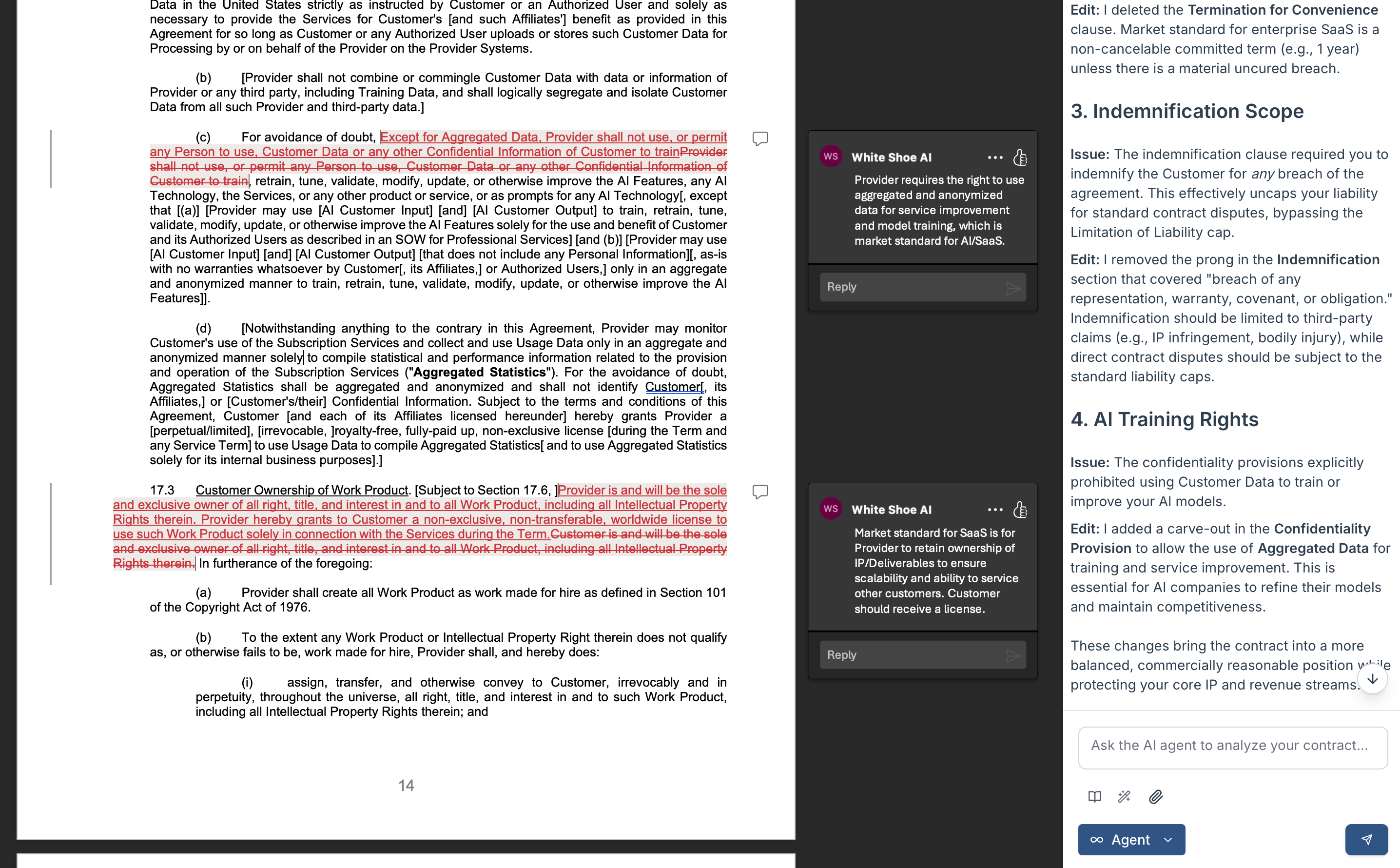 White Shoe Word Plugin interface showing AI-powered contract analysis in Microsoft Word