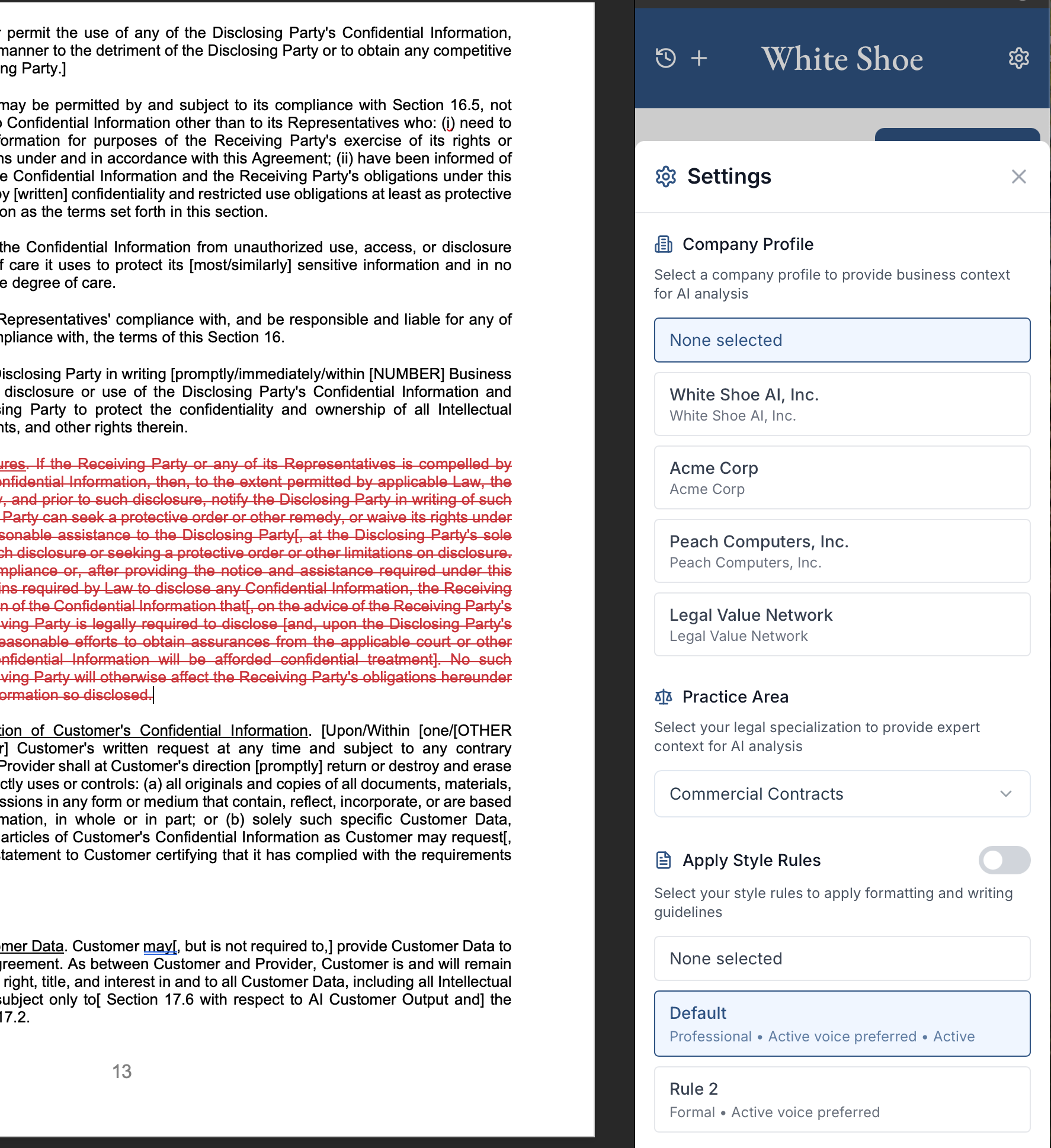 White Shoe Word Plugin showing Firm IQ context including Company Profiles and Style Rules